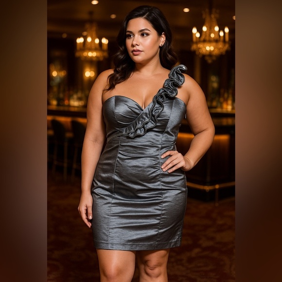 BETSY & ADAM Silver Gray Cocktail One Shoulder Zipper Detail Dress Size 14 - Picture 1 of 8